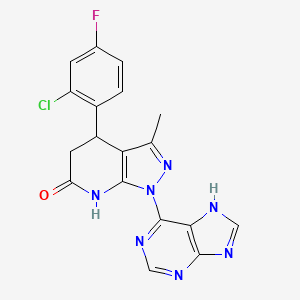 molecular formula C18H13ClFN7O B611407 4-(2-chloro-4-fluorophenyl)-3-methyl-1-(9H-purin-6-yl)-4,5-dihydro-1H-pyrazolo[3,4-b]pyridin-6-ol CAS No. 1144477-35-9