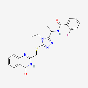 molecular formula C22H21FN6O2S B6116348 N-[1-(4-ethyl-5-{[(4-oxo-3,4-dihydroquinazolin-2-yl)methyl]sulfanyl}-4H-1,2,4-triazol-3-yl)ethyl]-2-fluorobenzamide 