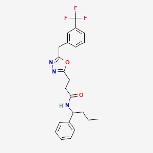 molecular formula C23H24F3N3O2 B6116460 N-(1-phenylbutyl)-3-{5-[3-(trifluoromethyl)benzyl]-1,3,4-oxadiazol-2-yl}propanamide 