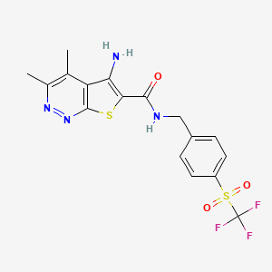 molecular formula C17H15F3N4O3S2 B611758 5-Amino-3,4-dimethyl-N-[[4-[(trifluoromethyl)sulfonyl]phenyl]methyl]thieno[2,3-c]pyridazine-6-carboxamide CAS No. 1451993-15-9