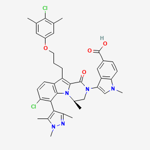 molecular formula C39H39Cl2N5O4 B611778 3-[(4R)-7-chloro-10-[3-(4-chloro-3,5-dimethylphenoxy)propyl]-4-methyl-1-oxo-6-(1,3,5-trimethyl-1H-pyrazol-4-yl)-3,4-dihydropyrazino[1,2-a]indol-2(1H)-yl]-1-methyl-1H-indole-5-carboxylic acid CAS No. 2131184-57-9