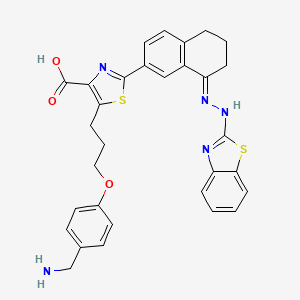 molecular formula C31H29N5O3S2 B611806 5-[3-[4-(Aminomethyl)phenoxy]propyl]-2-[(8e)-8-(1,3-Benzothiazol-2-Ylhydrazinylidene)-6,7-Dihydro-5h-Naphthalen-2-Yl]-1,3-Thiazole-4-Carboxylic Acid CAS No. 1431866-33-9
