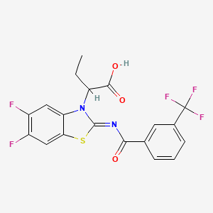 molecular formula C19H13F5N2O3S B611880 2-(5,6-Difluoro-2-((3-(trifluoromethyl)benzoyl)imino)benzo[d]thiazol-3(2H)-yl)butanoic acid CAS No. 1428623-14-6