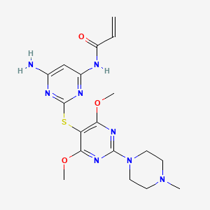 molecular formula C18H24N8O3S B611887 N-[2-[[2-(4-Methylpiperazino)-4,6-dimethoxypyrimidine-5-yl]thio]-6-aminopyrimidine-4-yl]acrylamide CAS No. 1268273-23-9