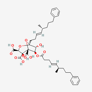 molecular formula C40H50O12 B611924 L-glycero-D-altro-Tridec-10-en-7-ulo-7,4-furanosonic acid, 2,7-anhydro-3,4-di-C-carboxy-8,9,10,11,12,13-hexadeoxy-12-(3-phenylpropyl)-, 5-[(4E)-6-methyl-9-phenyl-4-nonenoate], (7S,10E,12xi)- CAS No. 151990-70-4