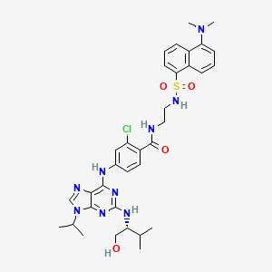 molecular formula C34H42ClN9O4S B612107 2-chloro-N-[2-[[5-(dimethylamino)naphthalen-1-yl]sulfonylamino]ethyl]-4-[[2-[[(2R)-1-hydroxy-3-methylbutan-2-yl]amino]-9-propan-2-ylpurin-6-yl]amino]benzamide CAS No. 1209002-43-6