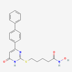 molecular formula C21H21N3O3S B612165 5-[[6-oxo-4-(4-phenylphenyl)-1H-pyrimidin-2-yl]sulfanyl]pentanehydroxamic acid CAS No. 1776116-74-5