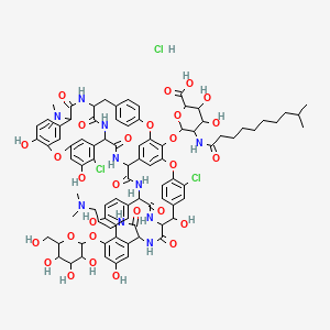 6-[[5,32-Dichloro-22-(dimethylamino)-52-[3-(dimethylamino)propylcarbamoyl]-2,26,31,44,49-pentahydroxy-21,35,38,54,56,59-hexaoxo-47-[3,4,5-trihydroxy-6-(hydroxymethyl)oxan-2-yl]oxy-7,13,28-trioxa-20,36,39,53,55,58-hexazaundecacyclo[38.14.2.23,6.214,17.219,34.18,12.123,27.129,33.141,45.010,37.046,51]hexahexaconta-3,5,8,10,12(64),14(63),15,17(62),23(61),24,26,29(60),30,32,41(57),42,44,46(51),47,49,65-henicosaen-64-yl]oxy]-3,4-dihydroxy-5-(9-methyldecanoylamino)oxane-2-carboxylic acid;hydrochloride