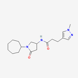 molecular formula C18H28N4O2 B6123670 N-(1-cycloheptyl-5-oxo-3-pyrrolidinyl)-3-(1-methyl-1H-pyrazol-4-yl)propanamide 