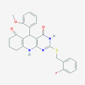 molecular formula C25H22FN3O3S B6131205 2-{[(2-FLUOROPHENYL)METHYL]SULFANYL}-5-(2-METHOXYPHENYL)-3H,4H,5H,6H,7H,8H,9H,10H-PYRIMIDO[4,5-B]QUINOLINE-4,6-DIONE 