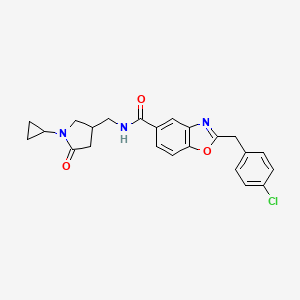 molecular formula C23H22ClN3O3 B6131767 2-(4-chlorobenzyl)-N-[(1-cyclopropyl-5-oxo-3-pyrrolidinyl)methyl]-1,3-benzoxazole-5-carboxamide 