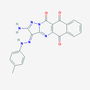 molecular formula C21H14N6O3 B061351 (13E)-14-Amino-13-[(4-methylphenyl)hydrazinylidene]-11,15,16-triazatetracyclo[8.7.0.03,8.012,16]heptadeca-1(10),3,5,7,11,14-hexaene-2,9,17-trione CAS No. 177420-12-1