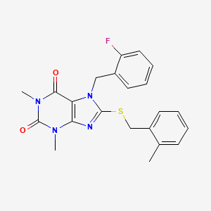 molecular formula C22H21FN4O2S B6137125 7-[(2-FLUOROPHENYL)METHYL]-1,3-DIMETHYL-8-{[(2-METHYLPHENYL)METHYL]SULFANYL}-2,3,6,7-TETRAHYDRO-1H-PURINE-2,6-DIONE 