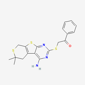 molecular formula C19H19N3OS3 B6140027 2-[(3-amino-12,12-dimethyl-8,11-dithia-4,6-diazatricyclo[7.4.0.02,7]trideca-1(9),2,4,6-tetraen-5-yl)sulfanyl]-1-phenylethanone 