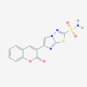 molecular formula C13H8N4O4S2 B061433 Imidazo(2,1-b)-1,3,4-thiadiazole-2-sulfonamide, 6-(2-oxo-2H-1-benzopyran-3-yl)- CAS No. 183999-59-9