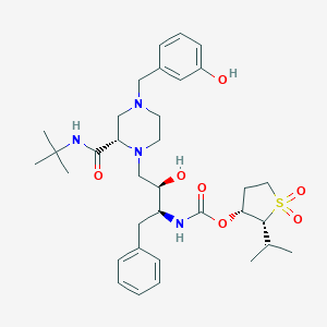 molecular formula C34H50N4O7S B061757 Carbamic acid, (3-(2-(((1,1-dimethylethyl)amino)carbonyl)-4-((3-hydroxyphenyl)methyl)-1-piperazinyl)-2-hydroxy-1-(phenylmethyl)propyl)-, tetrahydro-2-(1-methylethyl)-1,1-dioxido-3-thienyl ester, (2R-(2alpha,3alpha(1S*,2R*,3(S*))))- CAS No. 159565-69-2