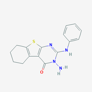 molecular formula C16H16N4OS B061897 (1)Benzothieno(2,3-d)pyrimidin-4(3H)-one, 5,6,7,8-tetrahydro-3-amino-2-(phenylamino)- CAS No. 168280-54-4