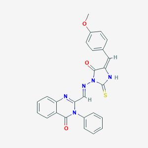 molecular formula C26H19N5O3S B062009 4(3H)-Quinazolinone, 2-(((4-((4-methoxyphenyl)methylene)-5-oxo-2-thioxo-1-imidazolidinyl)imino)methyl)-3-phenyl- CAS No. 169471-16-3