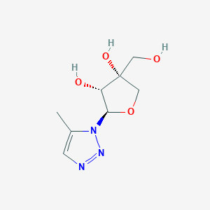 molecular formula C8H13N3O4 B062259 3,4-Furandiol, tetrahydro-4-(hydroxymethyl)-2-(5-methyl-1H-1,2,3-triazol-1-yl)-, (2R,3R,4R)-(9CI) CAS No. 167030-66-2