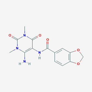 molecular formula C14H14N4O5 B062445 1,3-Benzodioxole-5-carboxamide,  N-(6-amino-1,2,3,4-tetrahydro-1,3-dimethyl-2,4-dioxo-5-pyrimidinyl) CAS No. 166115-71-5