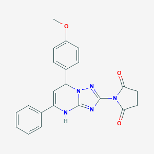 molecular formula C22H19N5O3 B062546 1-[2-(4-Methoxyphenyl)-4-phenyl-1,5,7,9-tetrazabicyclo[4.3.0]nona-3,5,7-trien-8-YL]pyrrolidine-2,5-dione CAS No. 171668-02-3