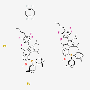 molecular formula C112H146F8O2P2Pd2 B6289682 Bis{[2-(Diadamantylphosphino)-3-methoxy-2,4,6-tri-i-propyl-3-(2,3,5,6-tetrafluoro-4-butylphenyl)-1,1-biphenyl]palladium(0)}1,5-cyclooctadiene, [AlPhos Palladium complex] CAS No. 1805783-51-0