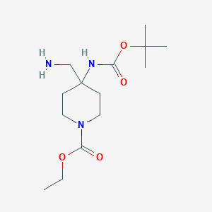 molecular formula C14H27N3O4 B6350817 Ethyl 4-(aminomethyl)-4-{[(tert-butoxy)carbonyl]amino}piperidine-1-carboxylate CAS No. 1392491-72-3