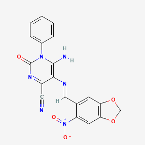 molecular formula C19H12N6O5 B6355413 5-(1-Aza-2-(6-nitrobenzo[3,4-d]1,3-dioxolan-5-yl)vinyl)-4-imino-2-oxo-3-phenyl-1H-1,3-diazine-6-carbonitrile CAS No. 1274948-01-4