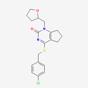 molecular formula C19H21ClN2O2S B6421689 4-((4-chlorobenzyl)thio)-1-((tetrahydrofuran-2-yl)methyl)-6,7-dihydro-1H-cyclopenta[d]pyrimidin-2(5H)-one CAS No. 899993-47-6