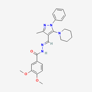 3,4-dimethoxy-N'-[(1E)-[3-methyl-1-phenyl-5-(piperidin-1-yl)-1H-pyrazol-4-yl]methylidene]benzohydrazide