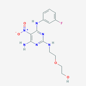 molecular formula C14H17FN6O4 B6423342 2-(2-((4-amino-6-((3-fluorophenyl)amino)-5-nitropyrimidin-2-yl)amino)ethoxy)ethanol CAS No. 586998-86-9