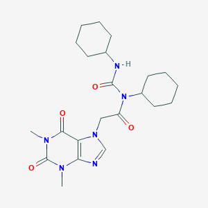 molecular formula C22H32N6O4 B064319 7H-Purine-7-acetamide, 1,2,3,6-tetrahydro-N-cyclohexyl-N-((cyclohexylamino)carbonyl)-1,3-dimethyl-2,6-dioxo- CAS No. 169563-65-9