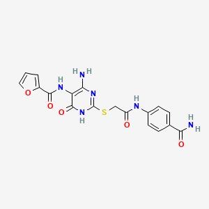 molecular formula C18H16N6O5S B6432920 N-(4-amino-2-((2-((4-carbamoylphenyl)amino)-2-oxoethyl)thio)-6-oxo-1,6-dihydropyrimidin-5-yl)furan-2-carboxamide CAS No. 888423-91-4