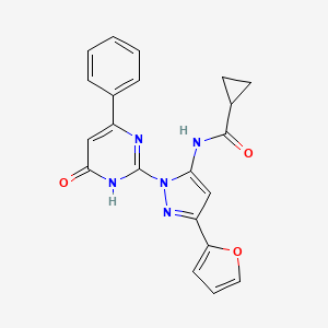 molecular formula C21H17N5O3 B6433843 N-(3-(furan-2-yl)-1-(6-oxo-4-phenyl-1,6-dihydropyrimidin-2-yl)-1H-pyrazol-5-yl)cyclopropanecarboxamide CAS No. 1207005-88-6