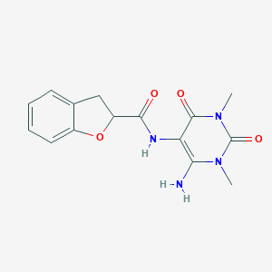 molecular formula C15H16N4O4 B064355 2-Benzofurancarboxamide,  N-(6-amino-1,2,3,4-tetrahydro-1,3-dimethyl-2,4-dioxo-5-pyrimidinyl)-2,3-di CAS No. 166115-81-7