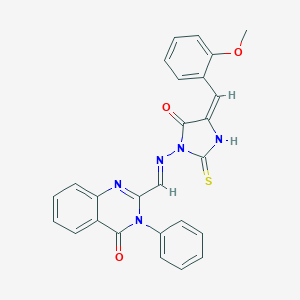 molecular formula C26H19N5O3S B064564 4(3H)-Quinazolinone, 2-(((4-((2-methoxyphenyl)methylene)-5-oxo-2-thioxo-1-imidazolidinyl)imino)methyl)-3-phenyl- CAS No. 169471-15-2