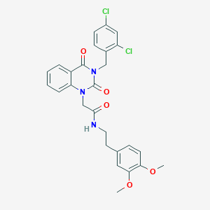 molecular formula C27H25Cl2N3O5 B6456440 2-{3-[(2,4-dichlorophenyl)methyl]-2,4-dioxo-1,2,3,4-tetrahydroquinazolin-1-yl}-N-[2-(3,4-dimethoxyphenyl)ethyl]acetamide CAS No. 2549036-74-8