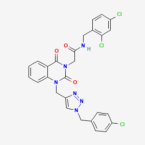 molecular formula C27H21Cl3N6O3 B6456504 2-[1-({1-[(4-chlorophenyl)methyl]-1H-1,2,3-triazol-4-yl}methyl)-2,4-dioxo-1,2,3,4-tetrahydroquinazolin-3-yl]-N-[(2,4-dichlorophenyl)methyl]acetamide CAS No. 2549064-86-8