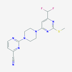 molecular formula C15H15F2N7S B6464353 2-{4-[6-(difluoromethyl)-2-(methylsulfanyl)pyrimidin-4-yl]piperazin-1-yl}pyrimidine-4-carbonitrile CAS No. 2640963-30-8
