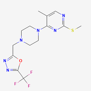 molecular formula C14H17F3N6OS B6464556 5-methyl-2-(methylsulfanyl)-4-(4-{[5-(trifluoromethyl)-1,3,4-oxadiazol-2-yl]methyl}piperazin-1-yl)pyrimidine CAS No. 2640962-44-1