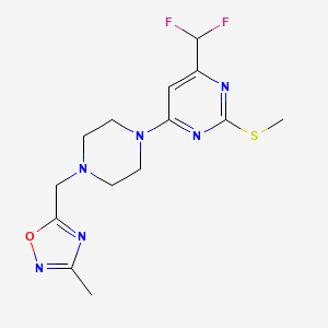 molecular formula C14H18F2N6OS B6464586 4-(difluoromethyl)-6-{4-[(3-methyl-1,2,4-oxadiazol-5-yl)methyl]piperazin-1-yl}-2-(methylsulfanyl)pyrimidine CAS No. 2640954-46-5