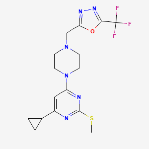 molecular formula C16H19F3N6OS B6465109 4-cyclopropyl-2-(methylsulfanyl)-6-(4-{[5-(trifluoromethyl)-1,3,4-oxadiazol-2-yl]methyl}piperazin-1-yl)pyrimidine CAS No. 2640898-75-3