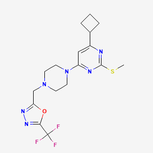molecular formula C17H21F3N6OS B6465411 4-cyclobutyl-2-(methylsulfanyl)-6-(4-{[5-(trifluoromethyl)-1,3,4-oxadiazol-2-yl]methyl}piperazin-1-yl)pyrimidine CAS No. 2640950-71-4