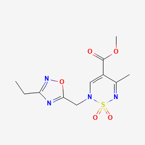 molecular formula C11H14N4O5S B6471738 methyl 2-[(3-ethyl-1,2,4-oxadiazol-5-yl)methyl]-5-methyl-1,1-dioxo-2H-1lambda6,2,6-thiadiazine-4-carboxylate CAS No. 2640882-02-4