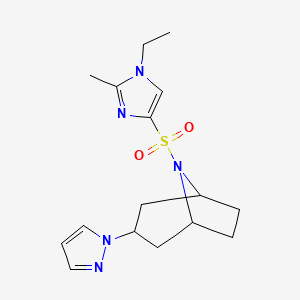 molecular formula C16H23N5O2S B6474848 8-[(1-ethyl-2-methyl-1H-imidazol-4-yl)sulfonyl]-3-(1H-pyrazol-1-yl)-8-azabicyclo[3.2.1]octane CAS No. 2640973-85-7