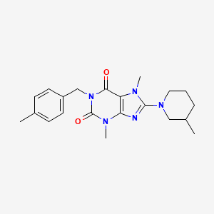 molecular formula C21H27N5O2 B6485637 3,7-dimethyl-1-[(4-methylphenyl)methyl]-8-(3-methylpiperidin-1-yl)-2,3,6,7-tetrahydro-1H-purine-2,6-dione CAS No. 941937-37-7