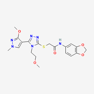 molecular formula C19H22N6O5S B6498590 N-(2H-1,3-benzodioxol-5-yl)-2-{[5-(3-methoxy-1-methyl-1H-pyrazol-4-yl)-4-(2-methoxyethyl)-4H-1,2,4-triazol-3-yl]sulfanyl}acetamide CAS No. 1013776-76-5