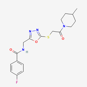 molecular formula C18H21FN4O3S B6508132 Benzamide, 4-fluoro-N-[[5-[[2-(4-methyl-1-piperidinyl)-2-oxoethyl]thio]-1,3,4-oxadiazol-2-yl]methyl]- CAS No. 872613-91-7