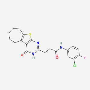 molecular formula C20H19ClFN3O2S B6511129 N-(3-chloro-4-fluorophenyl)-3-{3-oxo-8-thia-4,6-diazatricyclo[7.5.0.0^{2,7}]tetradeca-1(9),2(7),5-trien-5-yl}propanamide CAS No. 950345-28-5