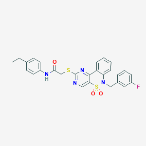 molecular formula C27H23FN4O3S2 B6511733 N-(4-ethylphenyl)-2-({9-[(3-fluorophenyl)methyl]-8,8-dioxo-8lambda6-thia-3,5,9-triazatricyclo[8.4.0.0^{2,7}]tetradeca-1(14),2(7),3,5,10,12-hexaen-4-yl}sulfanyl)acetamide CAS No. 932529-17-4